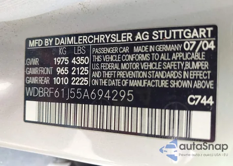 2005 Mercedes-Benz C 240 Luxury z USA, uszkodzony, nr VIN WDBRF61J55A694295